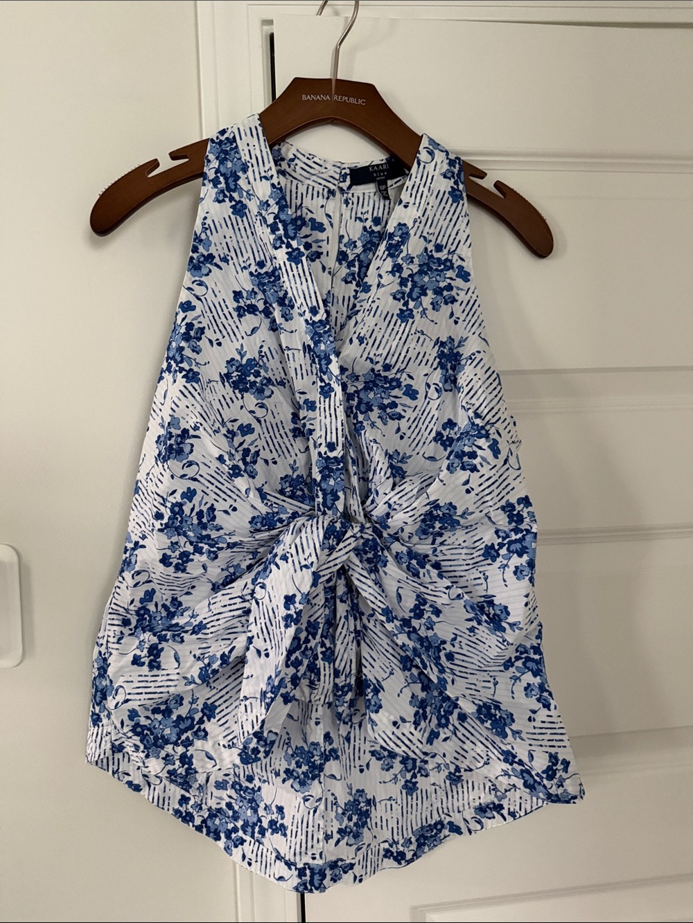 Cotton Kaari Blue & White Floral Twist-Front Halter Top 10p